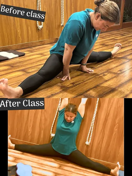 Progress is possible for everyone, and sometimes it happens faster than you think. This is a student's split practice result after just one class. Using ropes for support, we were able to safely deepen the stretch and improve hamstring flexibility.