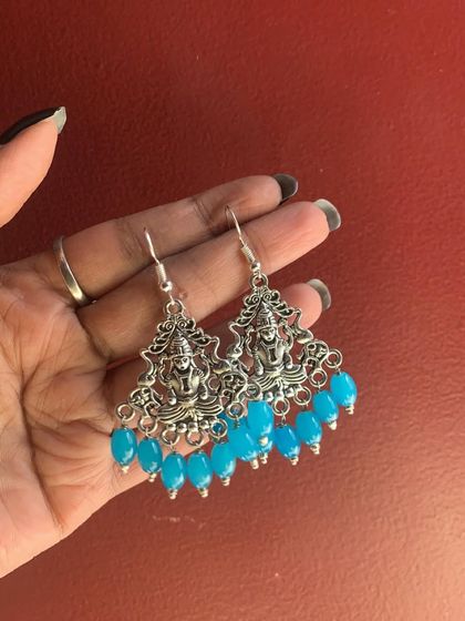 Another look at my bestselling Lakshmi temple earrings, this time with bright blue beads. This design is a favorite at all my events.