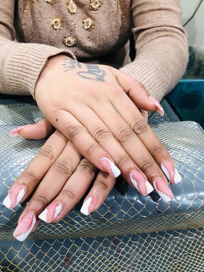 Another view of the pink and white marble art.