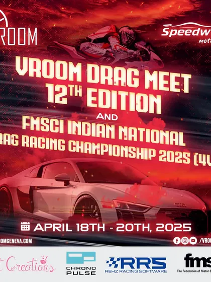 Announcing the 12th Edition of Vroom Drag Meet and the FMSCI Indian National Drag Racing Championship. This poster establishes the event's scale and importance, setting the stage for our brand partners.