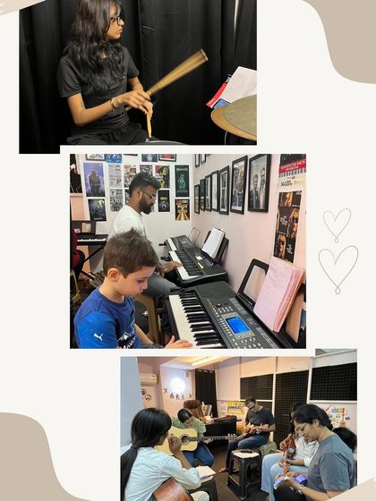 A collage showing our students learning drums, piano, and guitar. We believe music should be a compulsory subject in schools for its proven benefits.