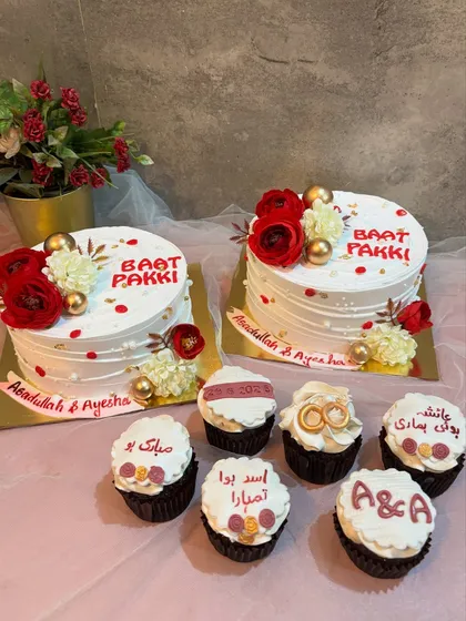 I love celebrating the entire wedding journey, starting with the Baat Pakki. This set includes two beautiful cakes and matching custom cupcakes, perfect for sharing the joy of your first official step towards marriage with all your loved ones.