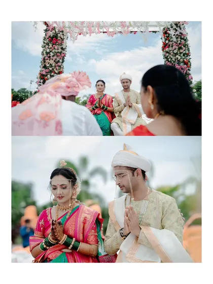 A collage capturing the solemnity and beauty of a Maharashtrian wedding ceremony, with the couple in prayer and listening to the priest.
