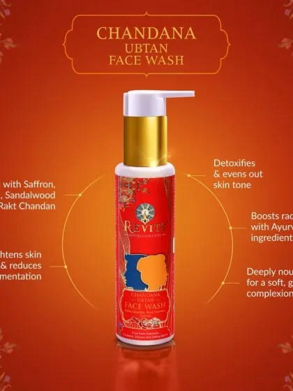 Meet the Chandana Ubtan Face Wash. Infused with saffron, sandalwood, and turmeric, this traditional Ayurvedic blend detoxifies, brightens skin, and deeply nourishes for a soft, glowing complexion.