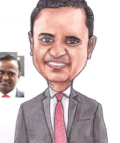 A handmade watercolor caricature for a corporate team member, with the reference photo shown.