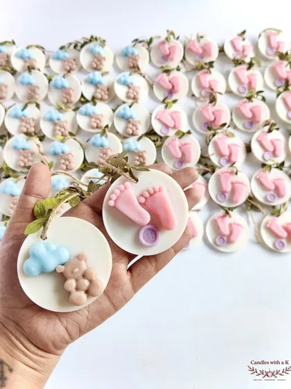 These adorable mini wax sachets were crafted for a baby shower. Featuring teddy bears, clouds, and tiny baby feet, they show the delicate, detailed work I love to do. These sachets are perfect for scenting closets and drawers.