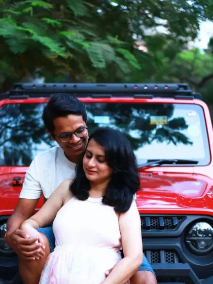 An intimate moment between the couple during their lifestyle shoot, capturing their close bond and shared happiness.
