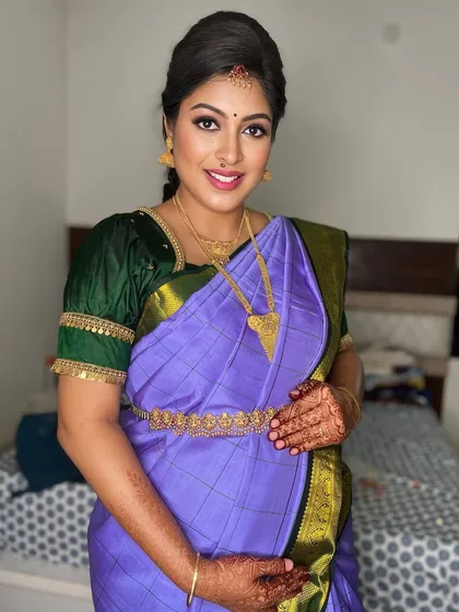 There is nothing more beautiful than the pregnancy glow. For this client's seemantham, I created a soft, elegant look to enhance her natural radiance. The makeup was kept comfortable and lightweight, perfect for a long day of blessings and celebration.