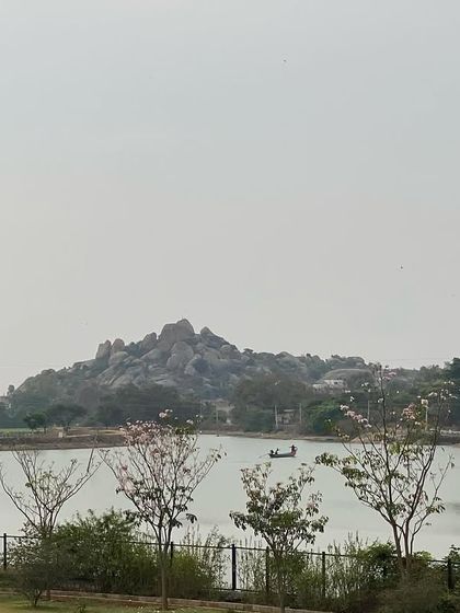 The lake view during summer, with flowering trees in the foreground. This season offers clear skies and a perfect opportunity to enjoy the full expanse of our natural setting.