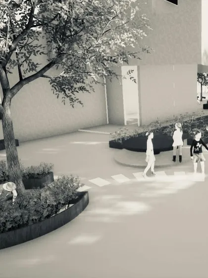 Another render from my architectural portfolio, focusing on an outdoor plaza and children's play area. My design training helps me visualize projects from all angles.