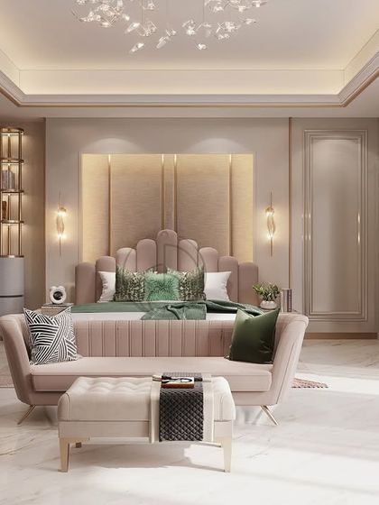 A beautifully appointed bedroom showcasing our signature style of quiet luxury. This space combines layered textures, a soothing color palette, and bespoke furniture to create a personal sanctuary for rest and relaxation.