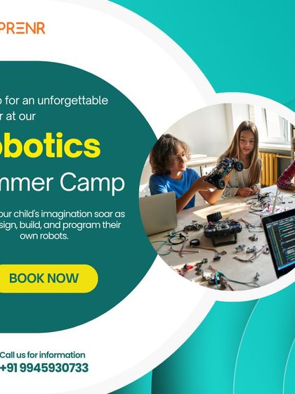 A summer camp promotion showing a student designing and building a robot. Our camps allow imagination to soar through practical, creative projects.