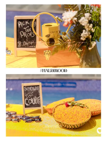Fun and interactive details for guests, including a prop station and baskets of marigold petals to "Shower the Couple."