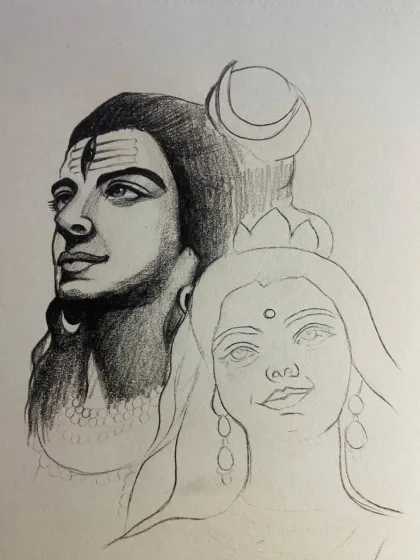 A close-up of the work-in-progress sketch. You can see the initial lines for Parvati's features next to the detailed shading on Shiva.