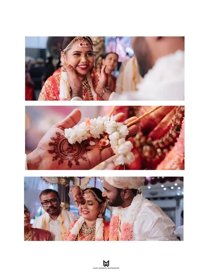 A collage highlighting the delicate and meaningful details of the wedding ceremony, from the bride's smile to the flowers and mehandi.