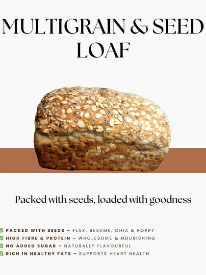 My Multigrain & Seed Loaf is loaded with goodness. This graphic highlights its key benefits: it's packed with flax, sesame, chia, and poppy seeds, is high in fiber and protein, and contains no added sugar.