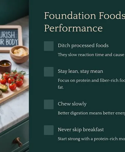 These are the foundation foods for peak performance. Ditch processed foods, focus on lean protein and fiber, chew slowly for better digestion, and never skip a protein-rich breakfast.