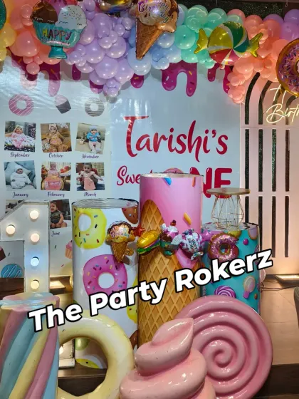 A different view of the Candyland setup, showing the variety of props like giant lollipops, marshmallows, and ice cream cones that I use to create this theme.