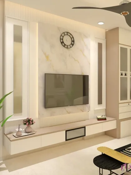 This 3D render shows a TV unit design that combines classic and modern elements. The floating console provides a light, airy feel, while the marble-finish back panel and traditional wall molding add a touch of elegance.