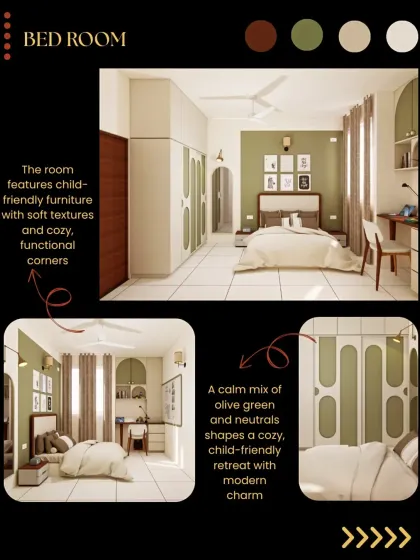 Designed as a child-friendly retreat, this bedroom features a calm mix of olive green and neutral tones. The furniture has soft, rounded edges, and the layout includes a cozy study corner, making it a safe and functional space for a child to grow.