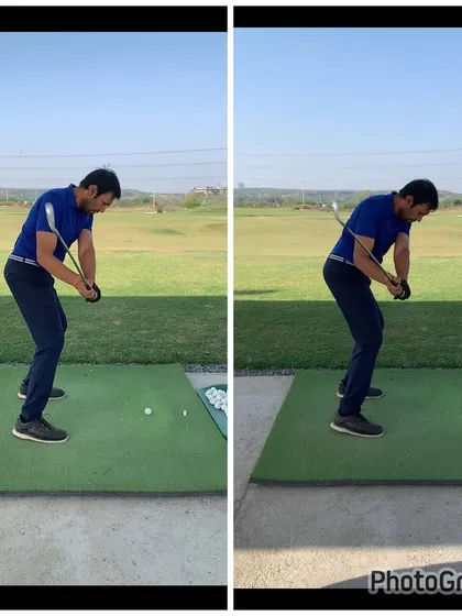 Here we are changing the club path to convert push cuts into high fades. The 'before' swing had the club rolling inside early, leading to an open face and a steep downswing.