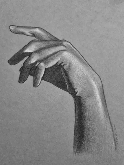 The final rendered hand study on toned paper, using both black and white pencils to create highlights and shadows.