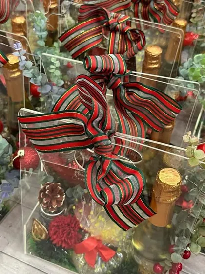 A close-up of the beautiful, high-quality ribbon we use to finish our Christmas hampers.