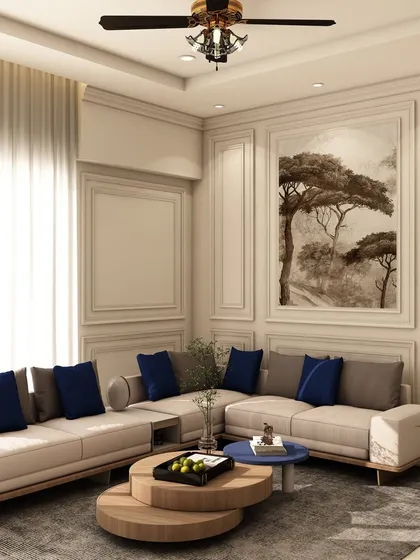 Natural light floods this elegant living room, where we used a neutral color palette with pops of royal blue to create a fresh and airy ambiance. The design features classic wall molding and a large art piece for a sophisticated touch.