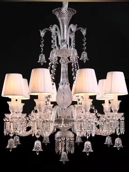 Inspired by the iconic Baccarat design, this 8-light crystal chandelier features elegant lampshades. It combines the grandeur of classic crystal with the softness of shaded light, embodying grace and sophistication.
