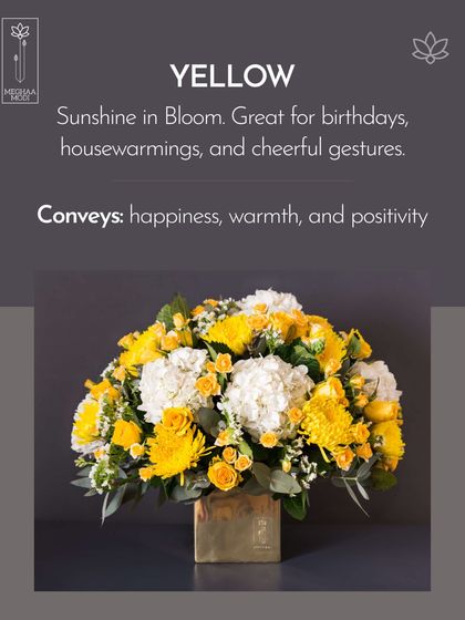 Yellow is sunshine in bloom. This cheerful arrangement of yellow and white flowers conveys happiness and positivity, great for birthdays and housewarmings.
