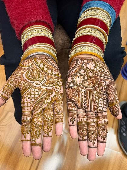 This is a classic, dense bridal design covering the entire palm. The patterns are a mix of paisleys, florals, and checkerboard fills, perfect for a traditional wedding ceremony.