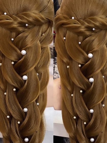 A detailed look at the advanced open braid, showing the intricate weaving and pearl details.