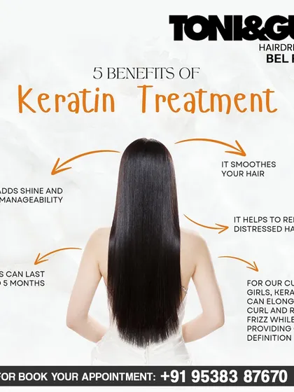 We believe in educating our clients. This graphic breaks down the key benefits of our Keratin treatment, from adding shine and manageability to repairing distressed hair with results that can last for months.