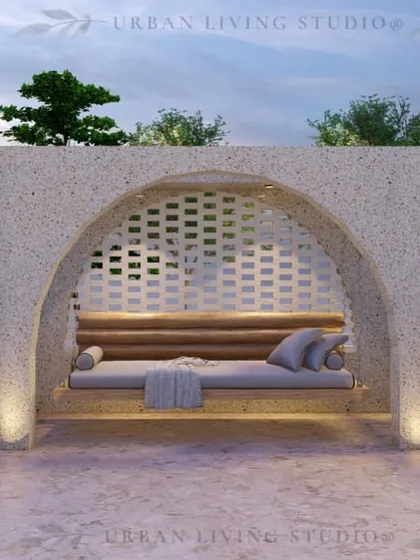 A unique swing bed enclosed in a grotto-like structure made of textured concrete. This design element provides a cozy and private relaxation spot.