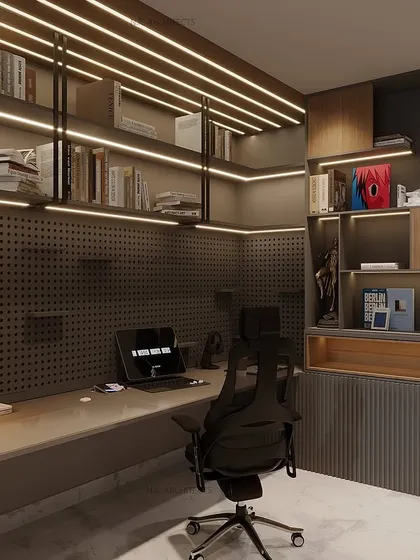 A well-designed study or office can greatly enhance productivity. We created this workspace to be peaceful and structured, with ample shelving, a pegboard wall for organization, and a comfortable, ergonomic setup.