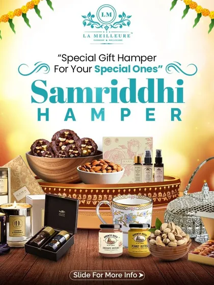 A glimpse into ultimate luxury with our 'Samriddhi Hamper'. This opulent collection combines our finest baked goods with premium lifestyle products like a silver basket, designer candles, and gourmet dates.