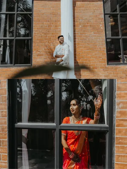A diptych of solo portraits of the bride and groom, framed by windows, creating a sense of connection and distance.