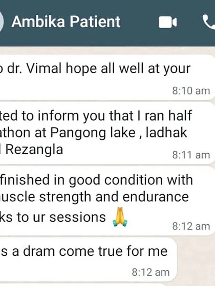 A screenshot of a WhatsApp message from our patient Ambika after her Ladakh marathon. Her words, "It was a dream come true for me," are the reason we do what we do.