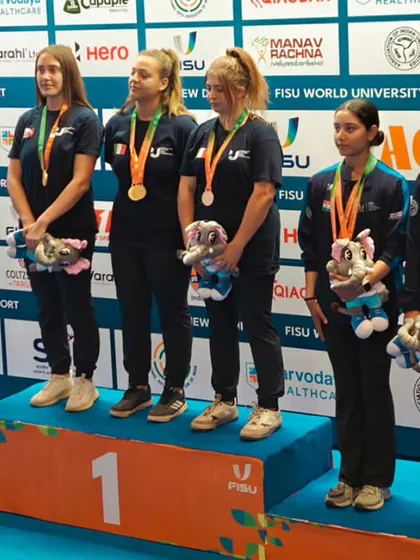 Team Italy, Team Slovakia, and Team India on the podium for the Skeet Women Team event. Our events bring together the best international talent for world-class competition.
