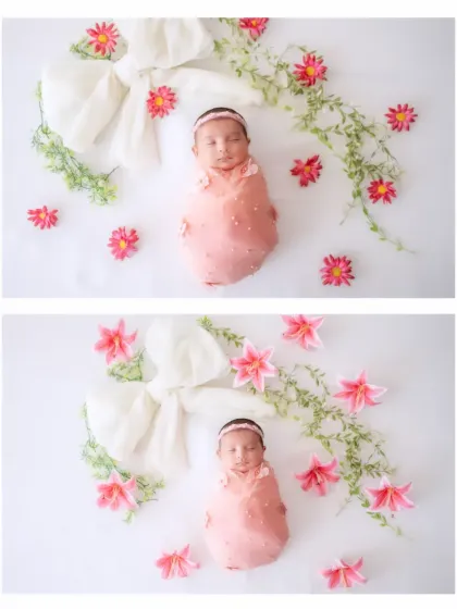 A collage showing a newborn girl wrapped in a pink swaddle, styled with a large white bow and flowers for a delicate, gift-like feel.
