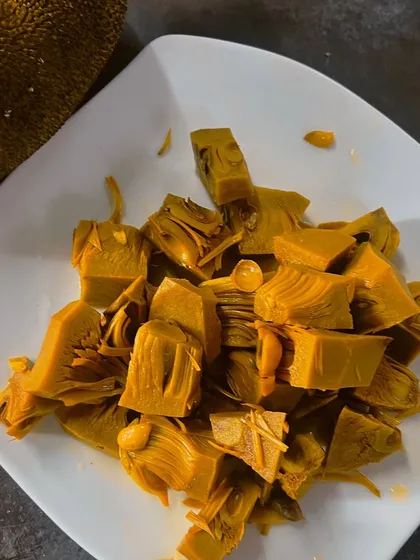 Boiled and chopped jackfruit, ready for the final stage of cooking. This preparation ensures it has the perfect texture for our thoran and biryani.