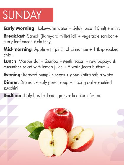 Sunday's plan for summer weight loss features giloy juice to boost immunity. Meals like samak idli and a quinoa-dal combination provide balanced nutrition while keeping the body cool and energized.
