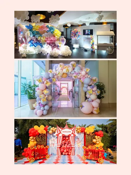 This collage showcases three of our most popular backdrop styles. From a dreamy cloud-themed photo booth to a classic pastel arch and a vibrant circus entrance, it highlights our versatility in creating the perfect picture-perfect moment.
