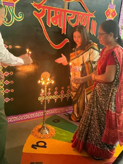Our school leaders and teachers come together to light the ceremonial lamp, officially inaugurating our Dussehra and Ramayana celebration.