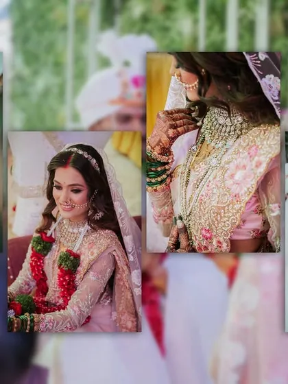 A collage of candid moments of the bride during the wedding ceremony, highlighting her elegance and happiness.