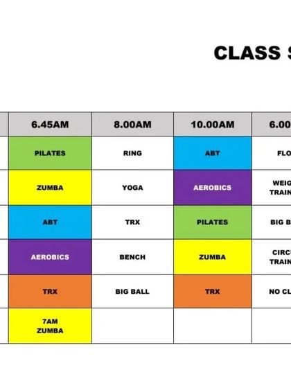 A sample of our weekly class schedule at the Padmanabhanagar location, showing the wide variety of classes we offer from morning to evening.