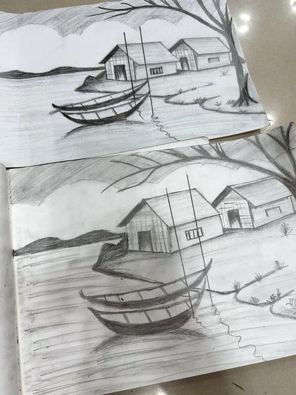 A student's amazing work on a riverside village scene, showing great control of their pencil.