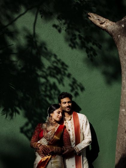 A dramatic and artistic portrait of a couple, using the strong shadows cast by our ancient trees.