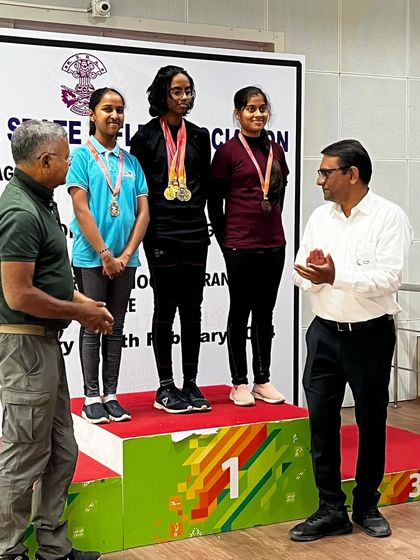 The podium for the 10M Air Rifle women's event, with our shooter Nidhi securing the silver medal.