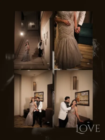 A multi-panel image showcasing various poses from the couple's engagement shoot, from grand staircase shots to intimate moments.